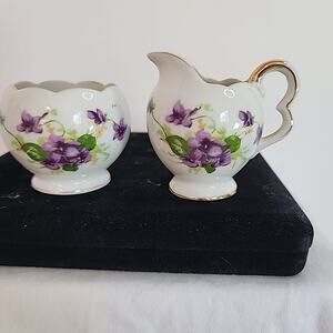 Interco Chicago Violets China Demitasse Sugar & Creamer Set Purple Floral Vtg